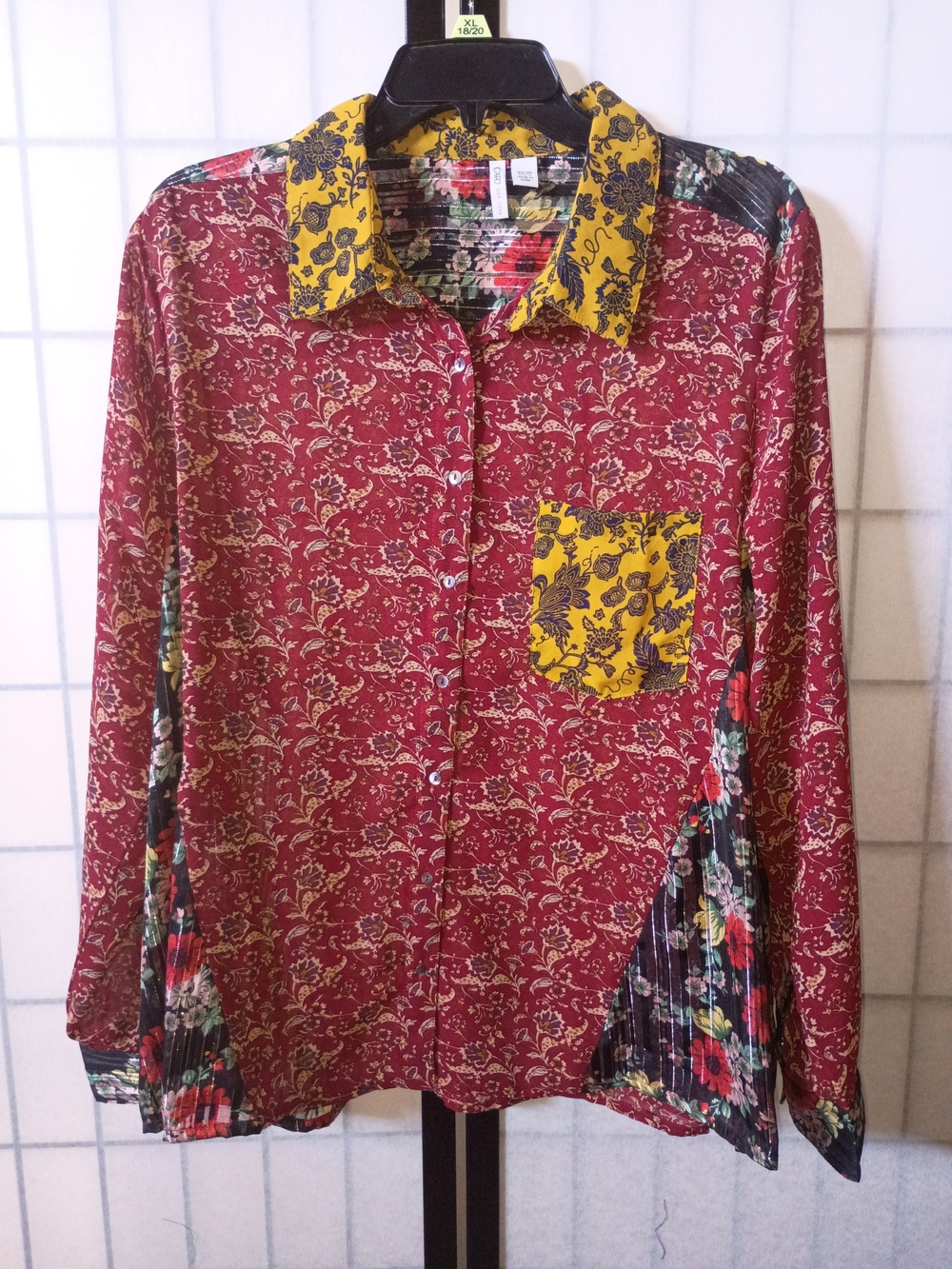 Cato Mixed Print Floral Patchwork Button-Up Shirt with Yellow Accent